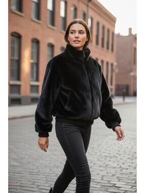 Zara Black Faux Fur Full Zip-Up Women Coat Jacket Size M RETAIL $129